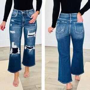 Risen High Rise Cropped Wide Leg Patch Detail Dark Wash Jeans Size 15/32 – NWT